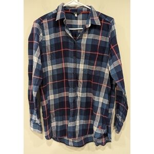 Joules Lorena Navy Teal Plaid 100% Cotton Flannel Button Down Shirt Size 8